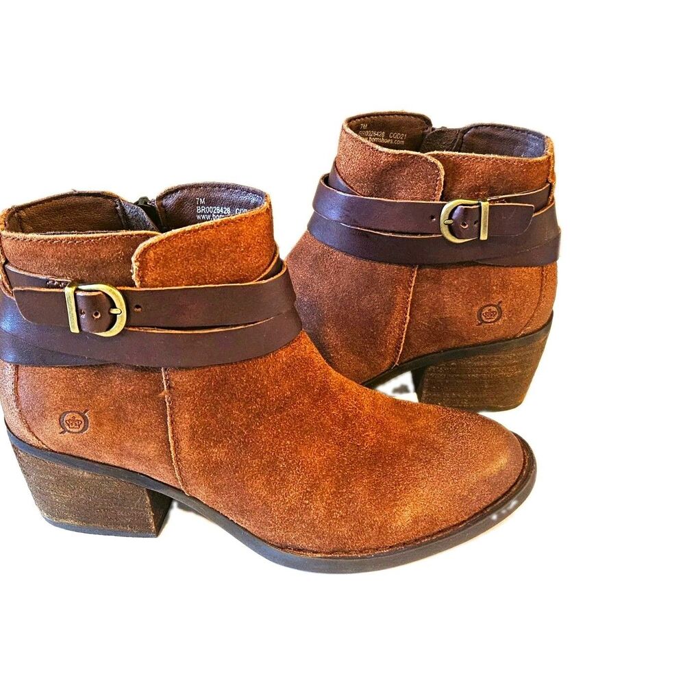 Børn Brown Suede Ankle Bootie Round Toe Block Heel Buckle Strap Zip 7